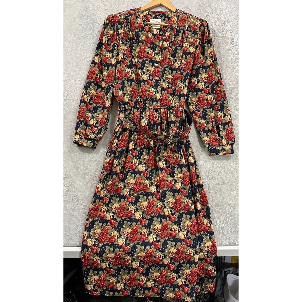 Vintage Lady Carol Dress Floral Maxi Belted 10 Retro Long Sleeve Boho Hippie
